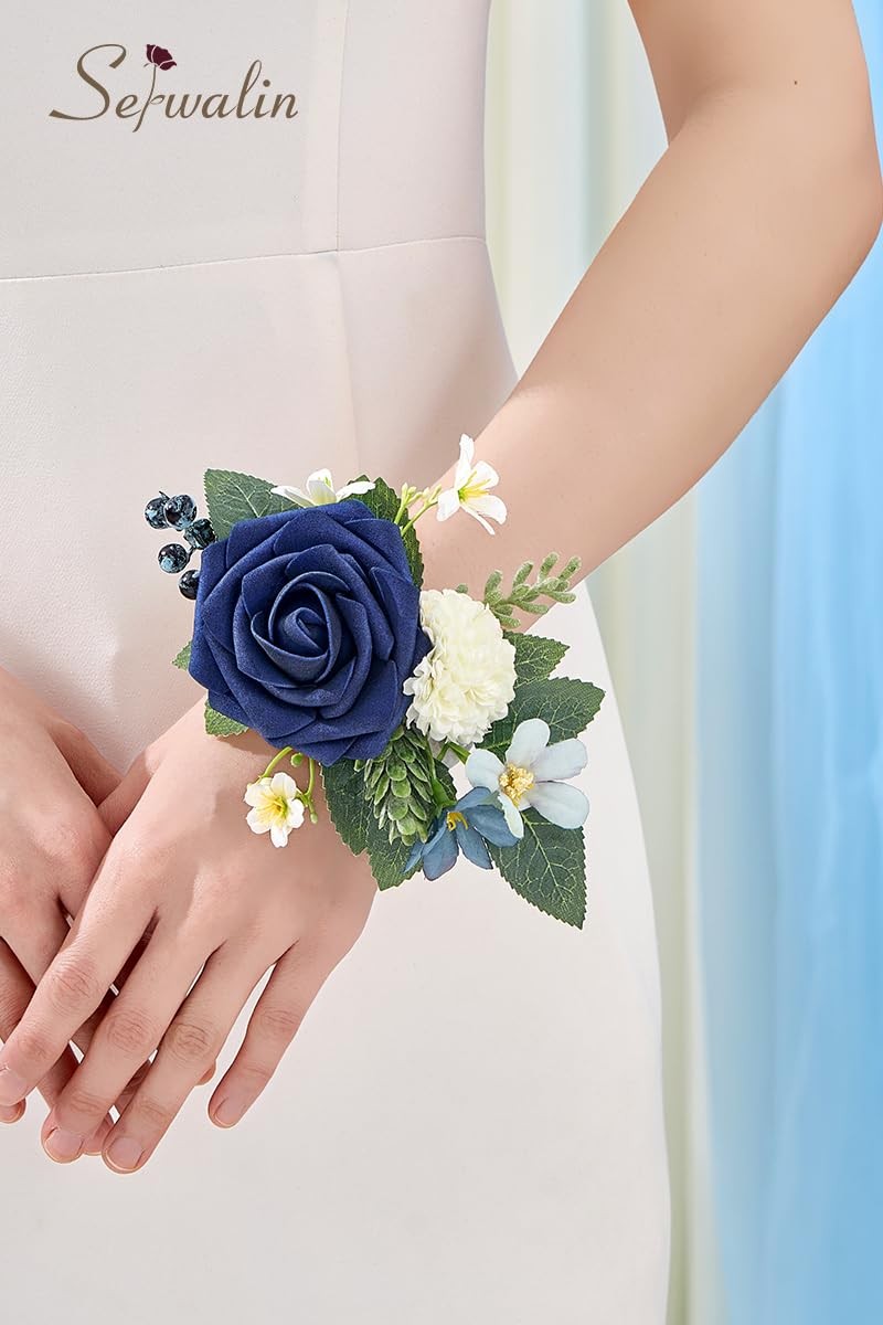 6-7 Inch Navy Blue Wrist Corsage Wedding Bridesmaid Artificial Flowers 2 PCS