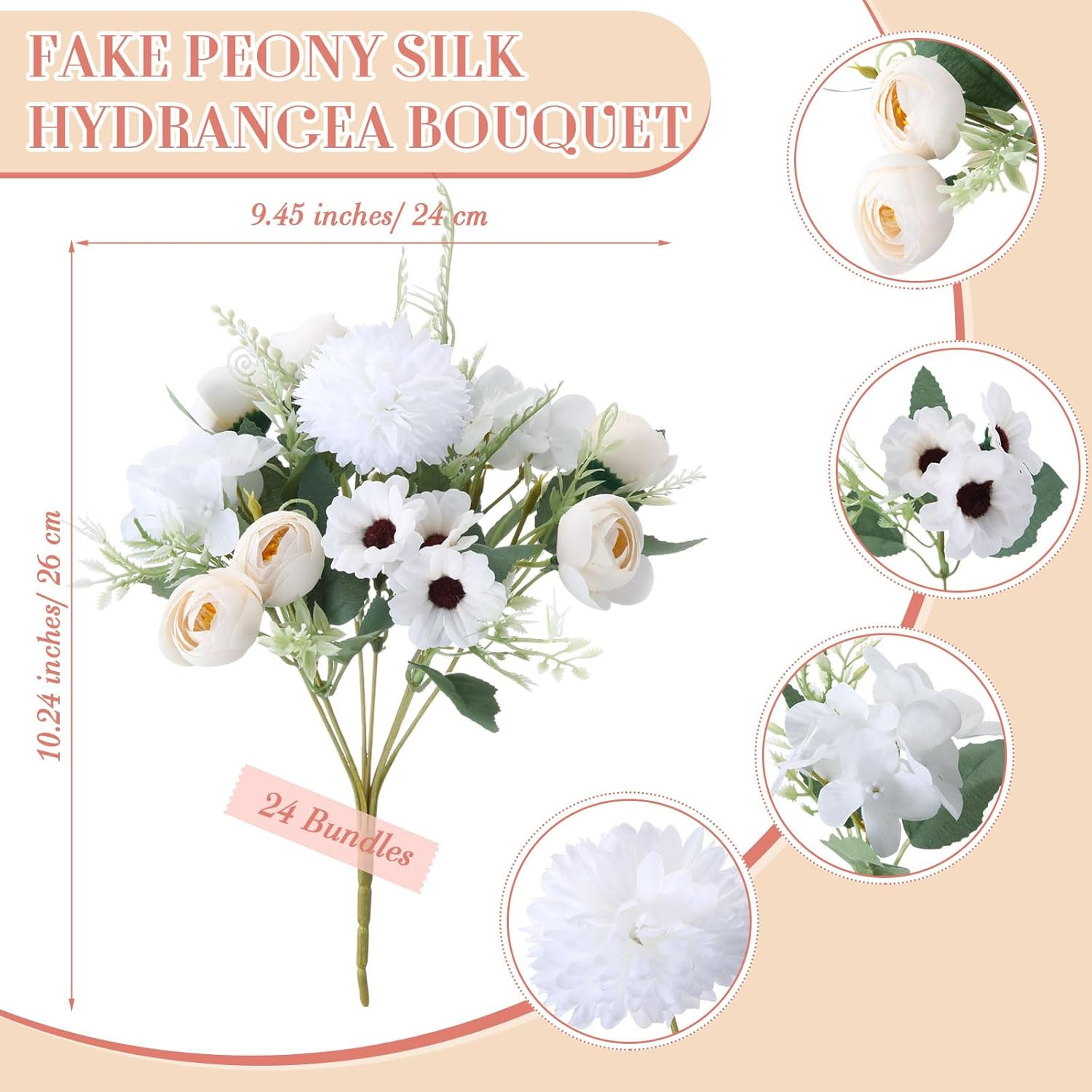 24 Bundles Faux Peonies & Roses Bouquet for Wedding & Home Decor – Champagne Whi