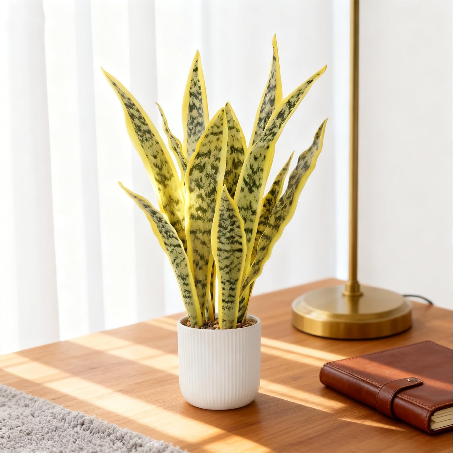 Artificial Snake Plant White Pot Faux Greenery Light Yellow 21.5 Inch
