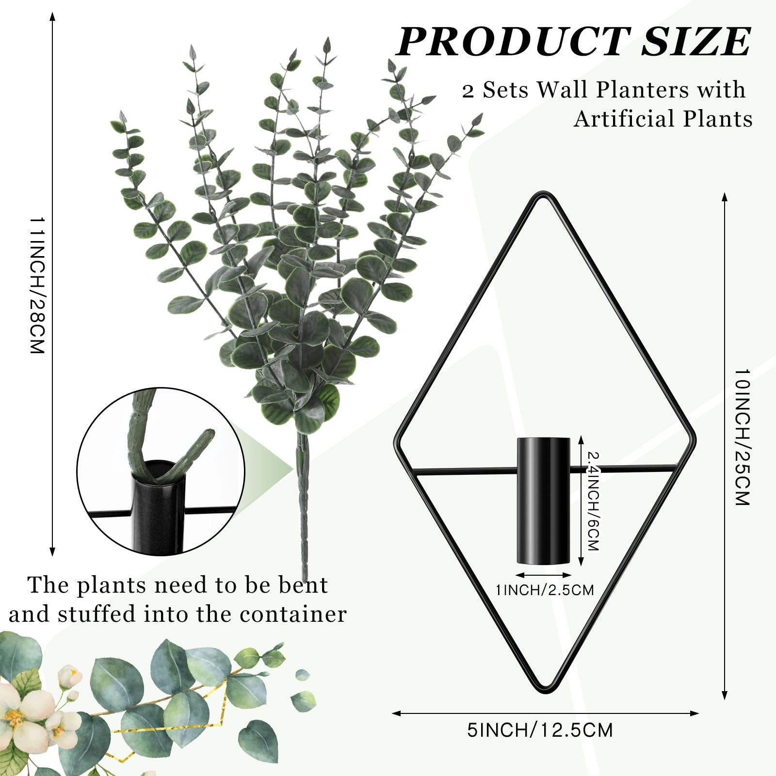 4 Pieces Geometric Hanging Planters with Artificial Eucalyptus, Black Metal