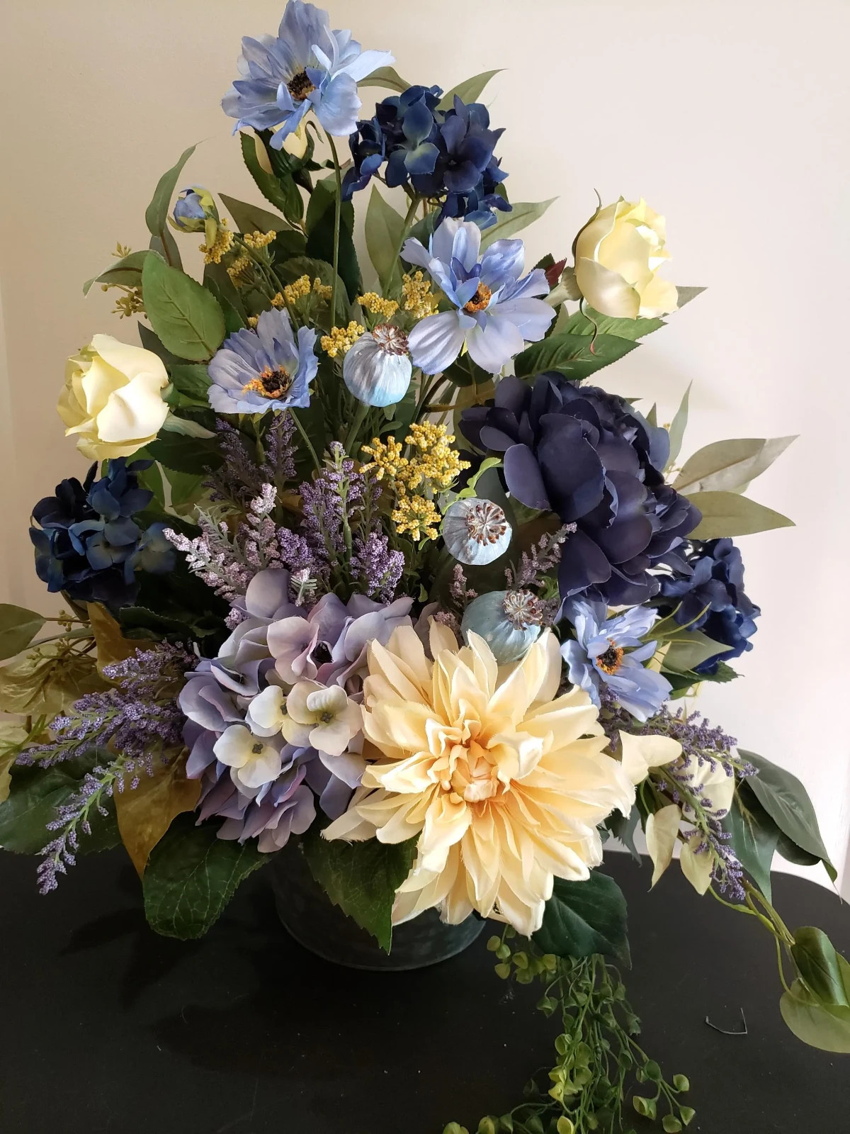 Blue Hydrangea Galvanized Door Basket, Farmhouse Floral Arrangement, Summer