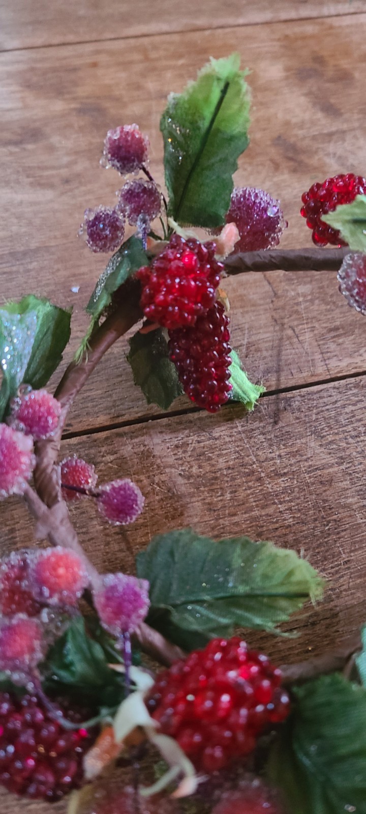 Raspberry Sugared Berries Candle Ring Christmas Holiday Winter Leaves
