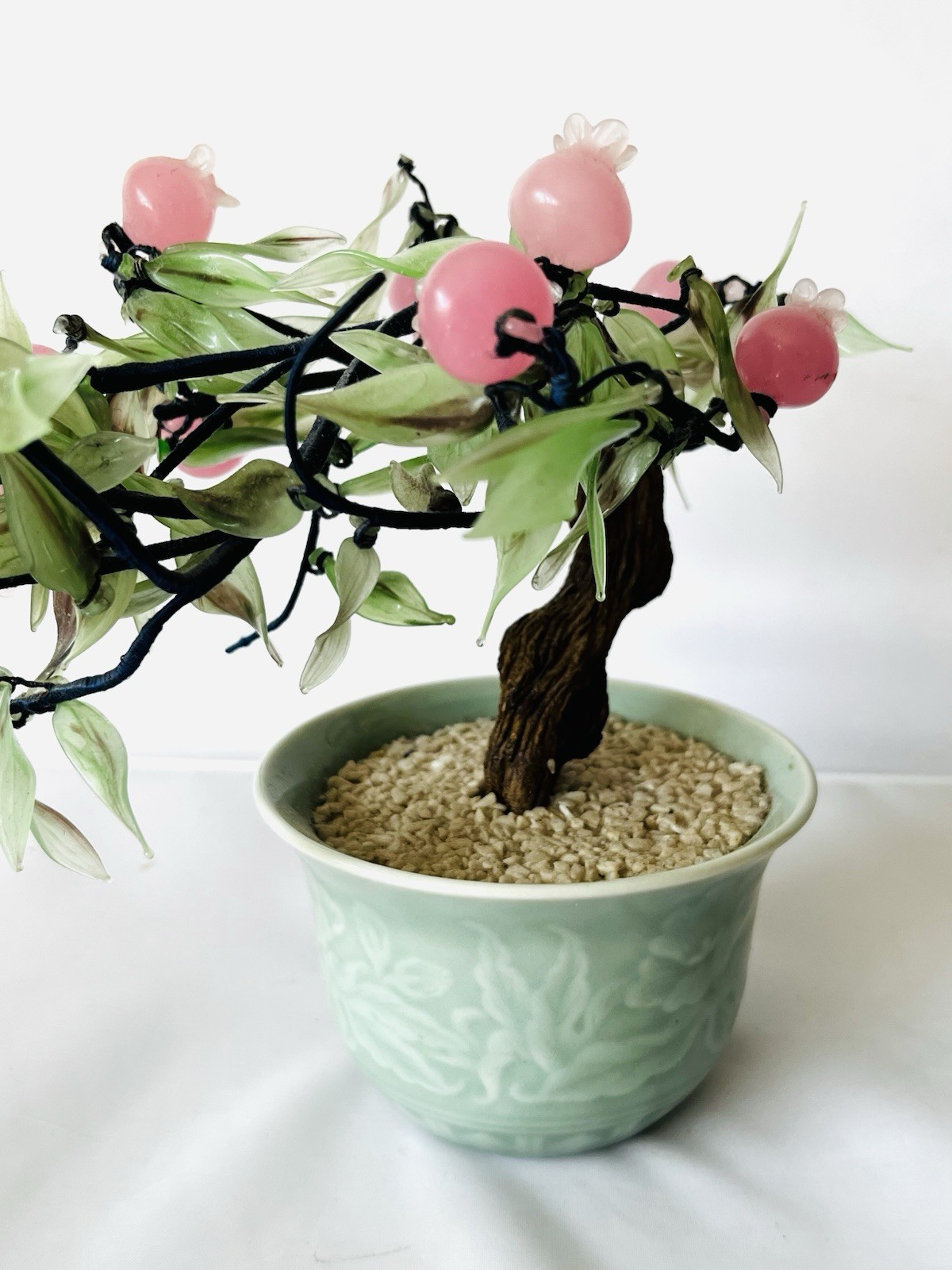 Vintage Pink Cherry Blossom Flower Plastic Bonsai Tree Celadon Planter