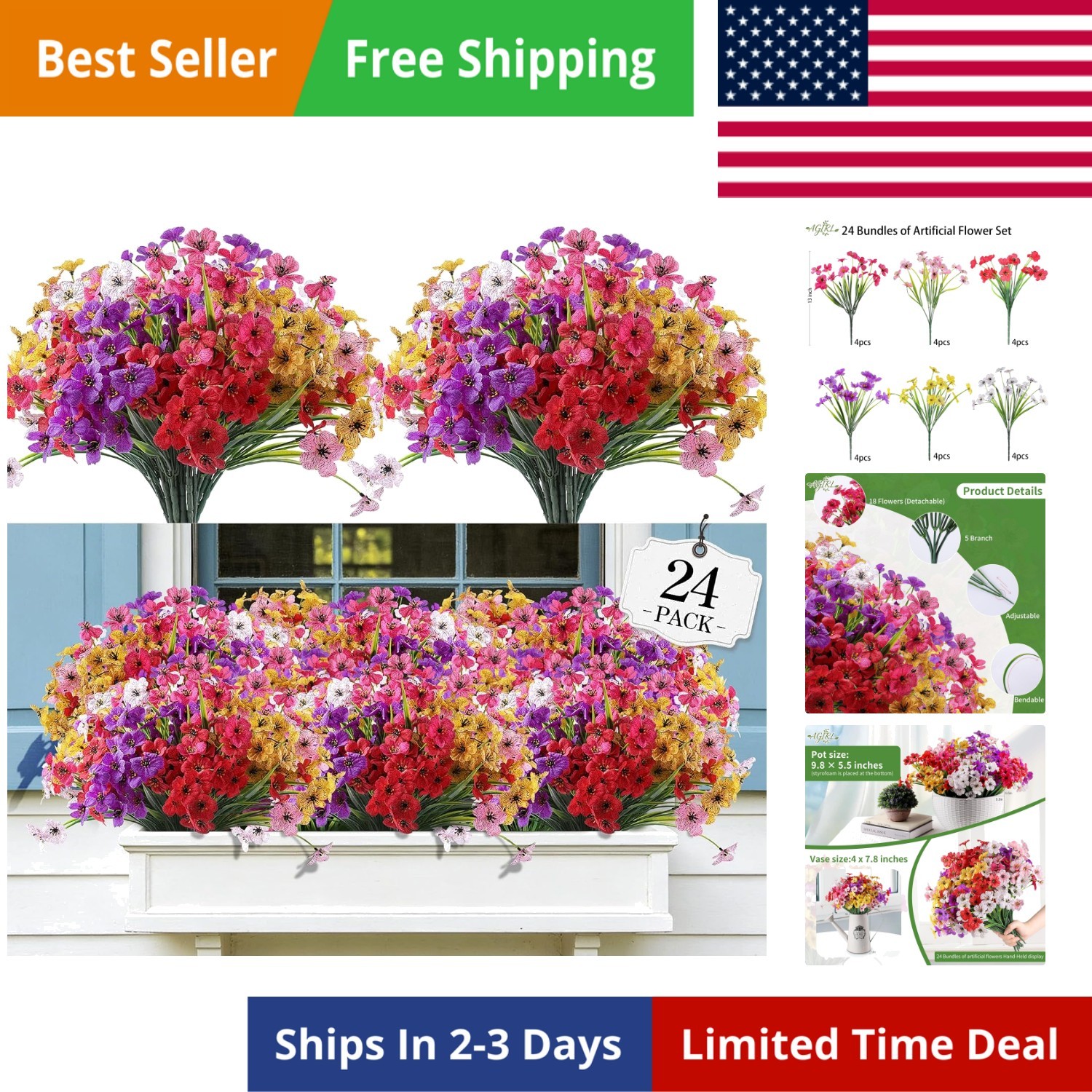 24 Bundles Artificial Flowers for Outdoor,Fake Flowers No Fade Plastic Faux P…