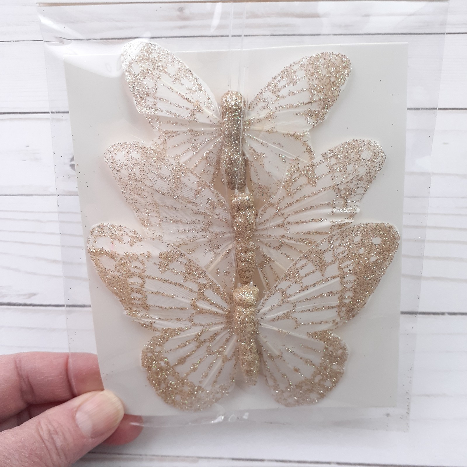 Feather Butterfly Floral Wreath Bouquet Decor White Gold Glitter 3 pc