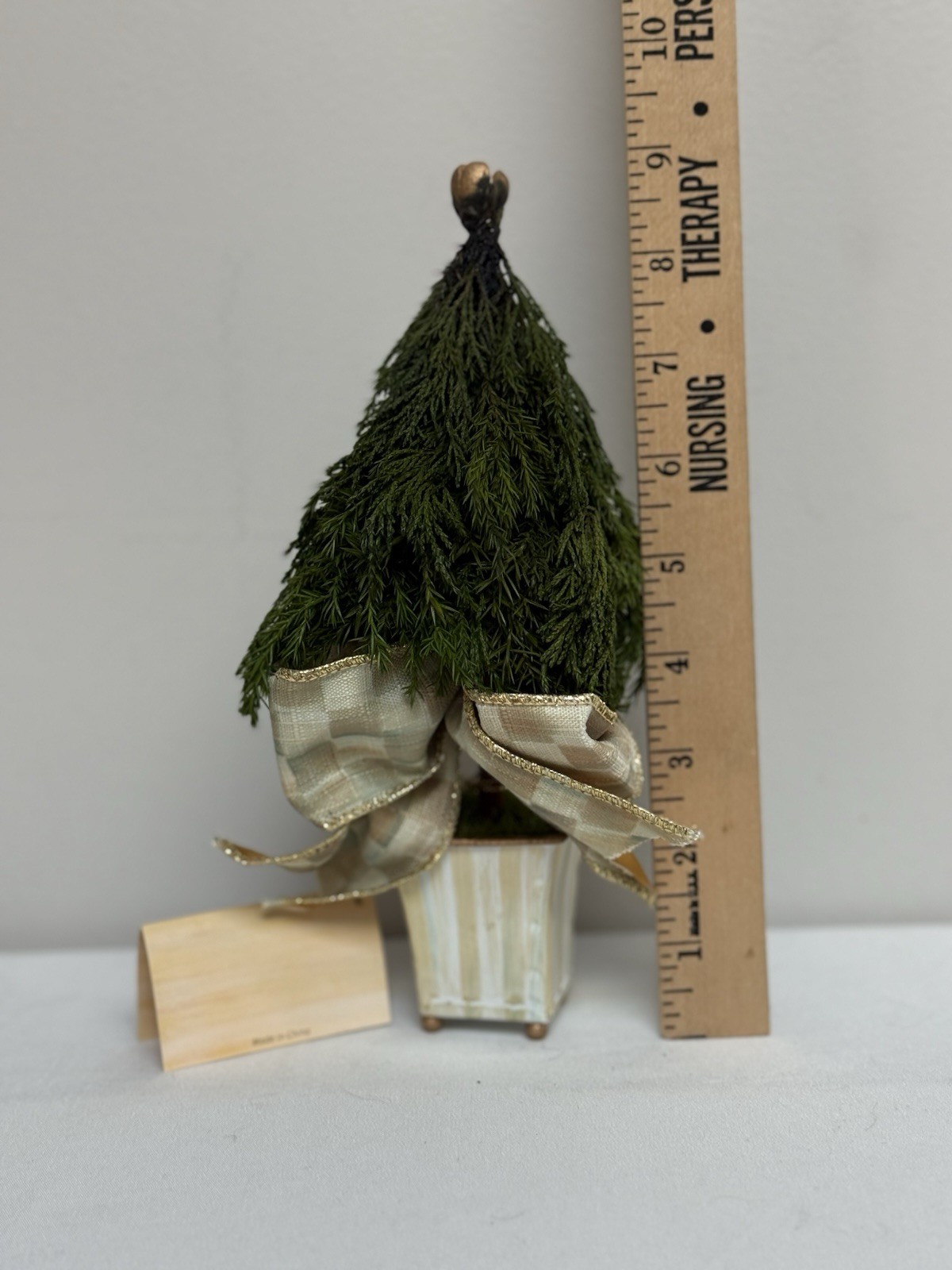 NEW Mackenzie Childs Evergreen Accents Topiary Mocha Check/Stripe 9” Tall