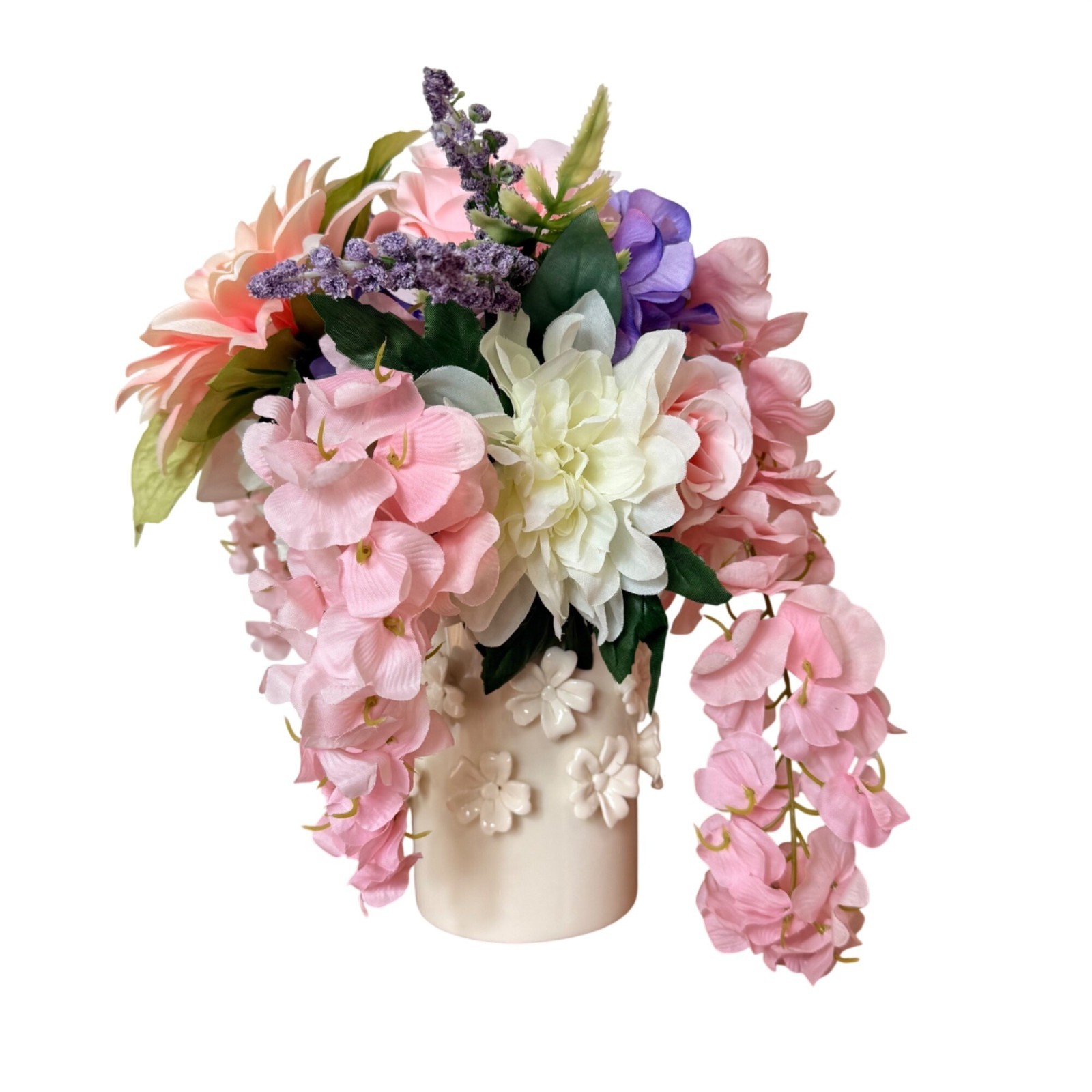 Pink Silk Floral Arrangement White Daisy Ceramic Vase Hydrangea Dahlia Decor