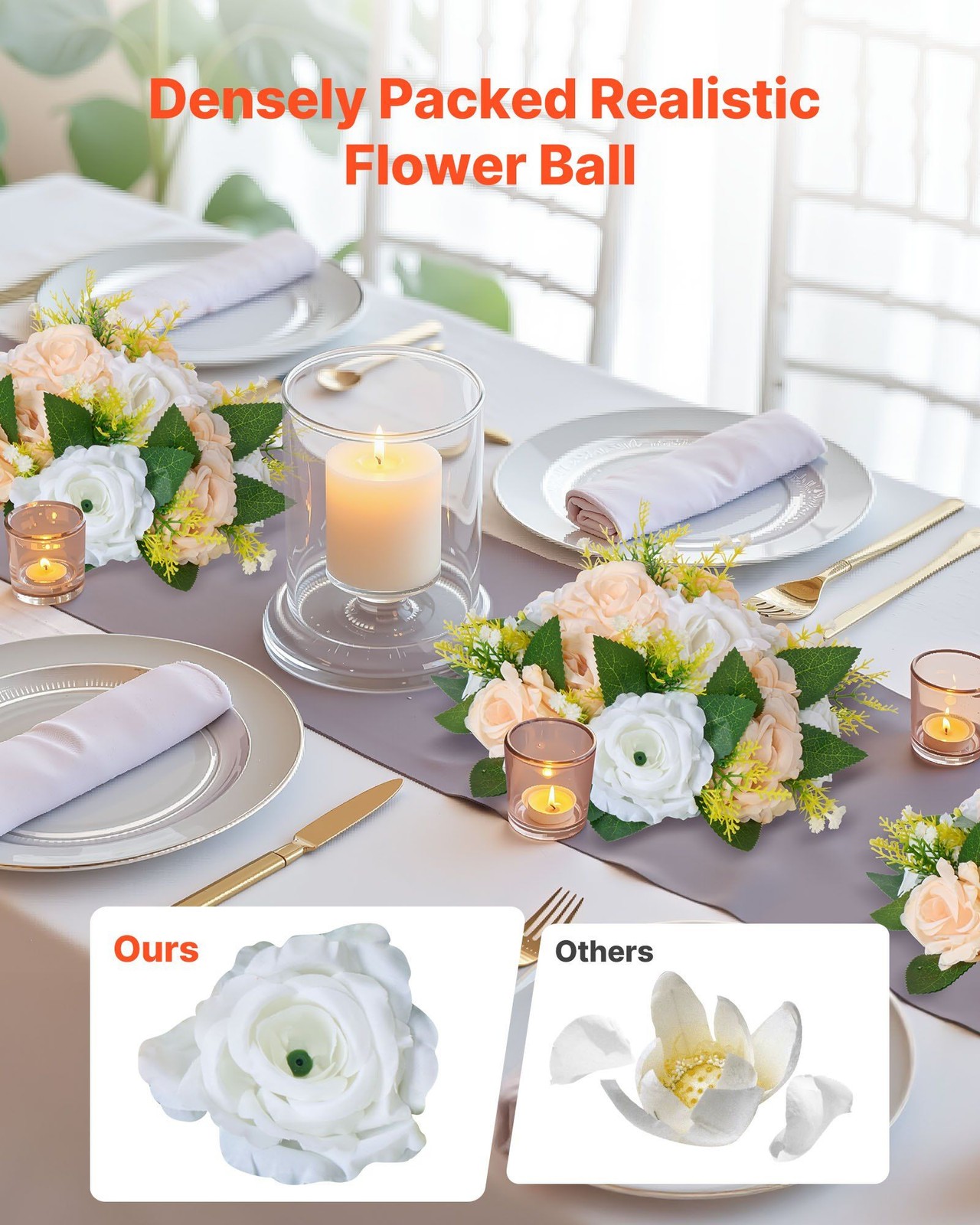 Artificial Champagne White Rose Balls 9.5in, 10 Piece Faux Floral Centerpiece