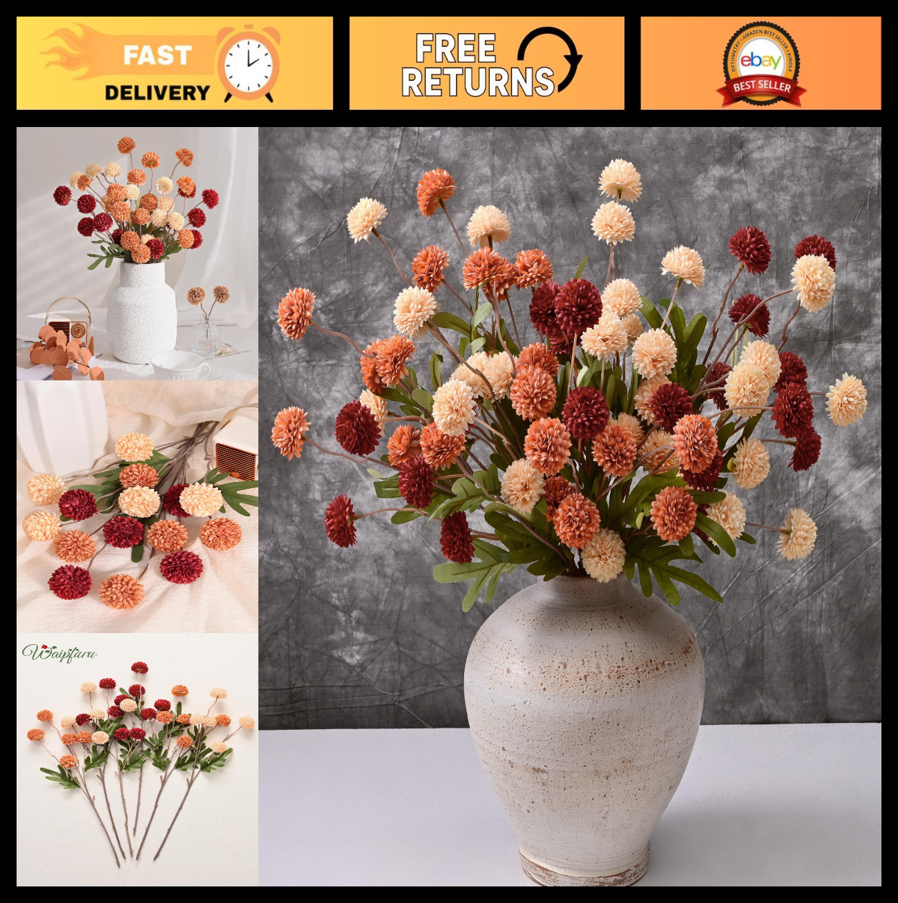 10pcs Faux Silk Pompon Flowers, Mini Chrysanthemums, Fall Decor Centerpieces