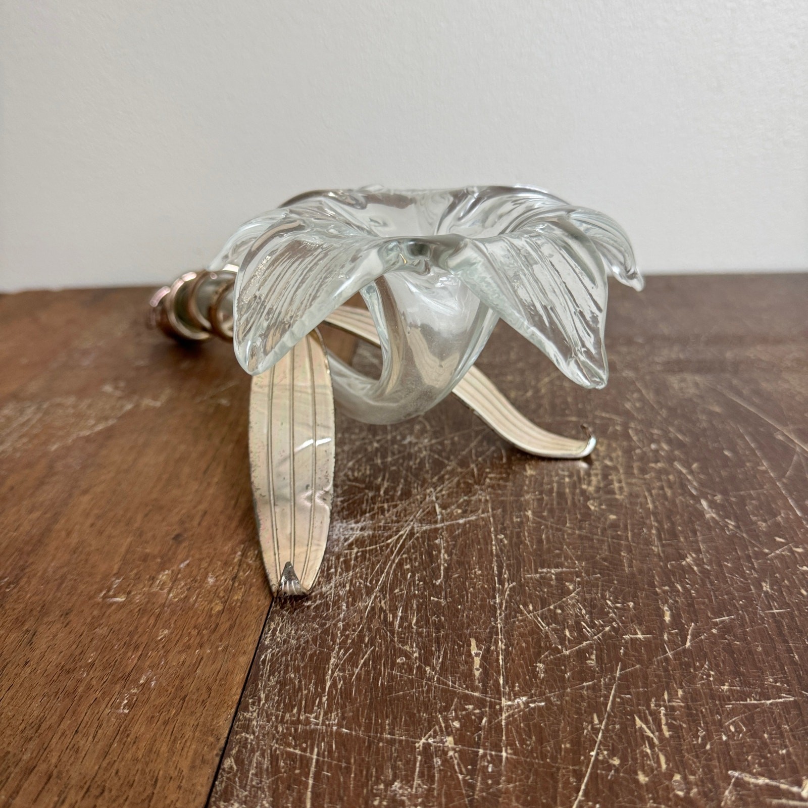 Vintage Silver Tone Metal Wrapped Clear Blown Glass Lilly Flower Art Decor