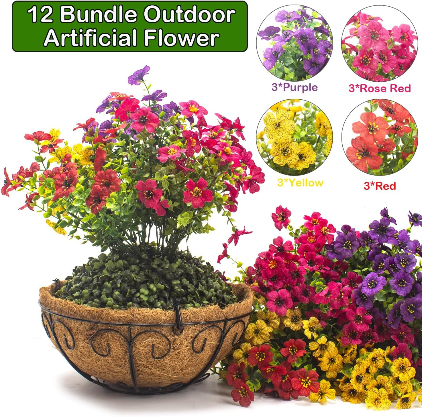 Grunyia Artificial Hanging Flowers Basket with Colorful Silk Daisies & Eucalyptu