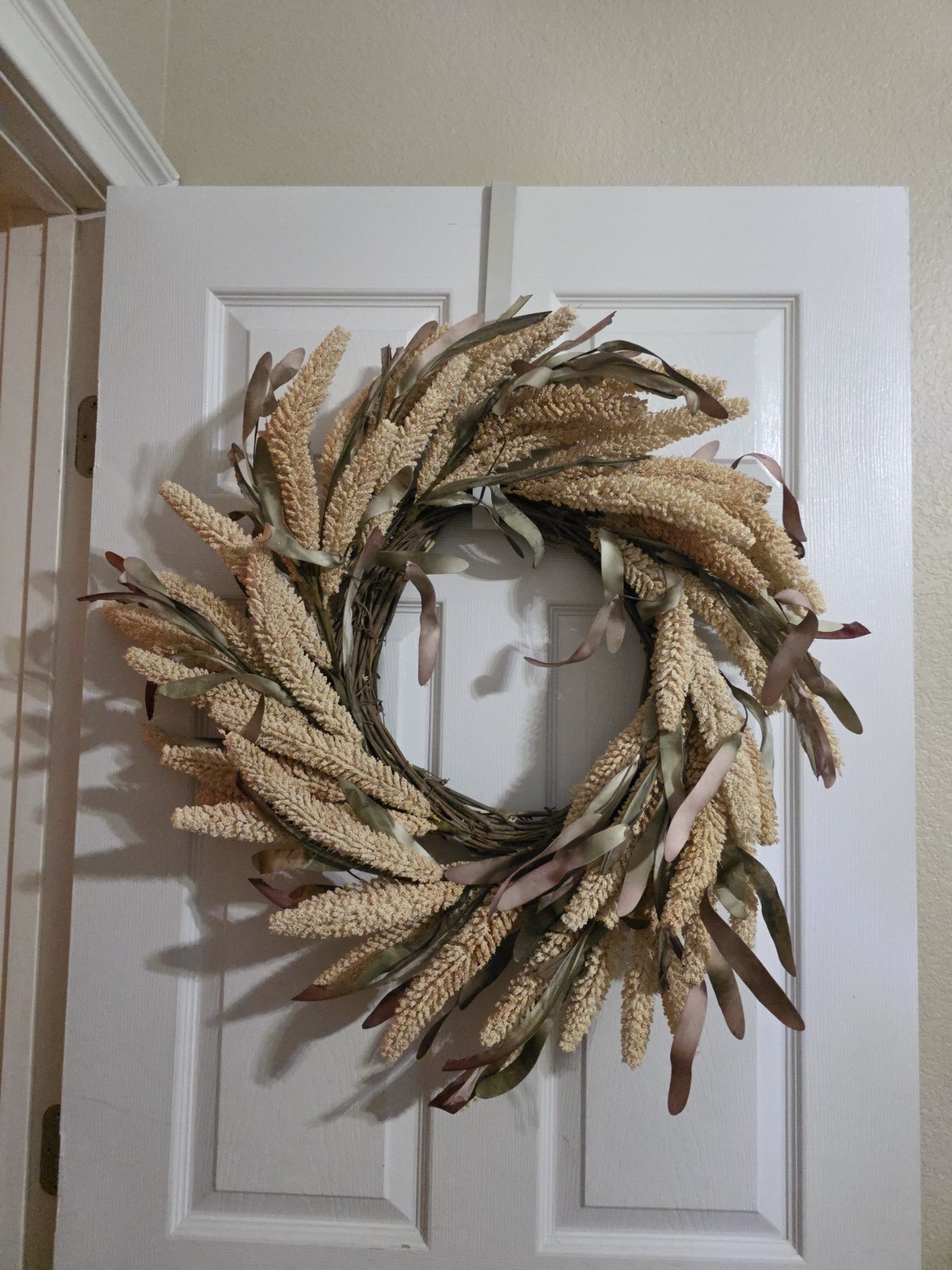 Fall wreath 18″ Cream Rice Wreath With Green And Burgundy Eva Leaves