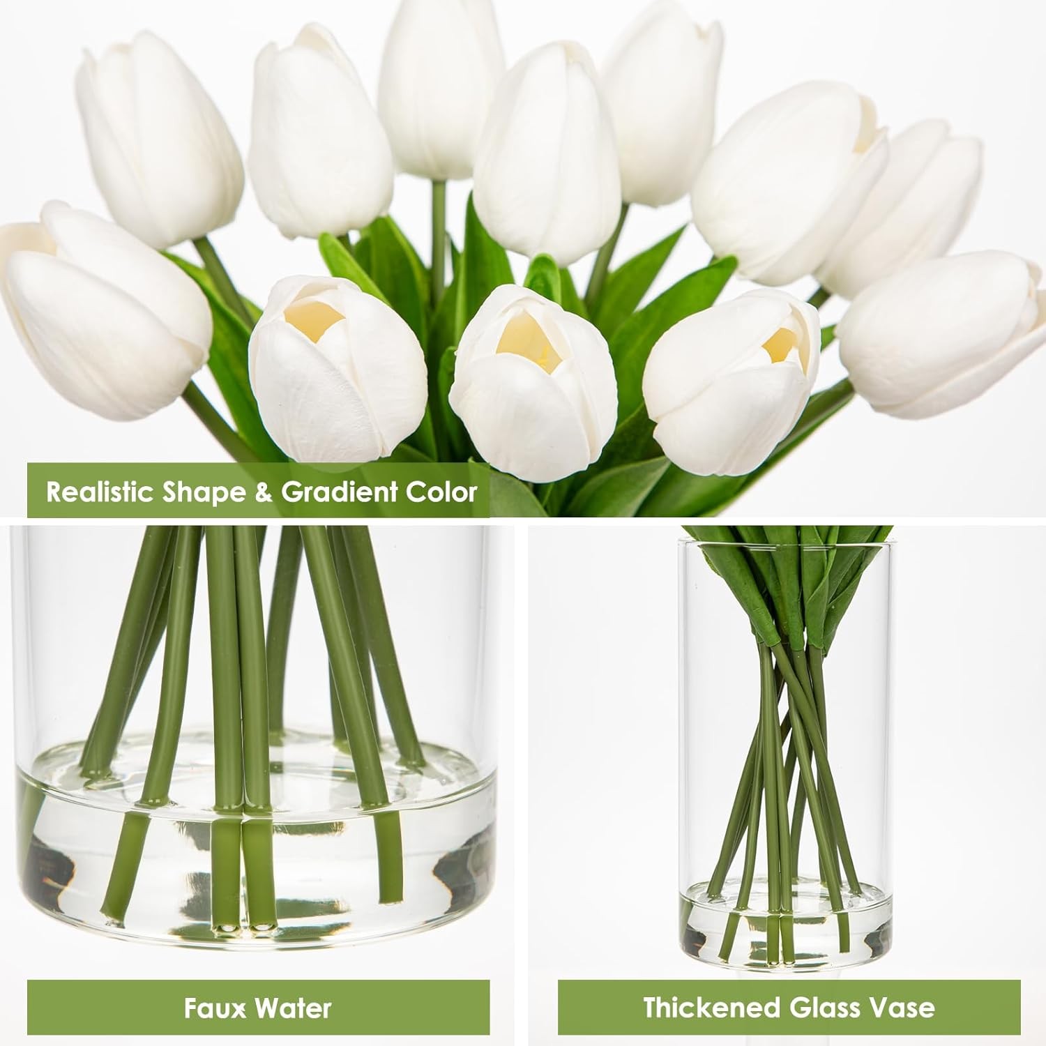 12 Pcs Artificial Real Touch Tulips Flowers in Glass Vase with Faux Water, Tulip