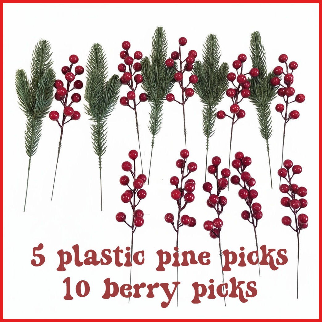 Package of 30 pcs. Artificial Red Berry 9″ Stems and 10.5″ Canadian Pine Picks