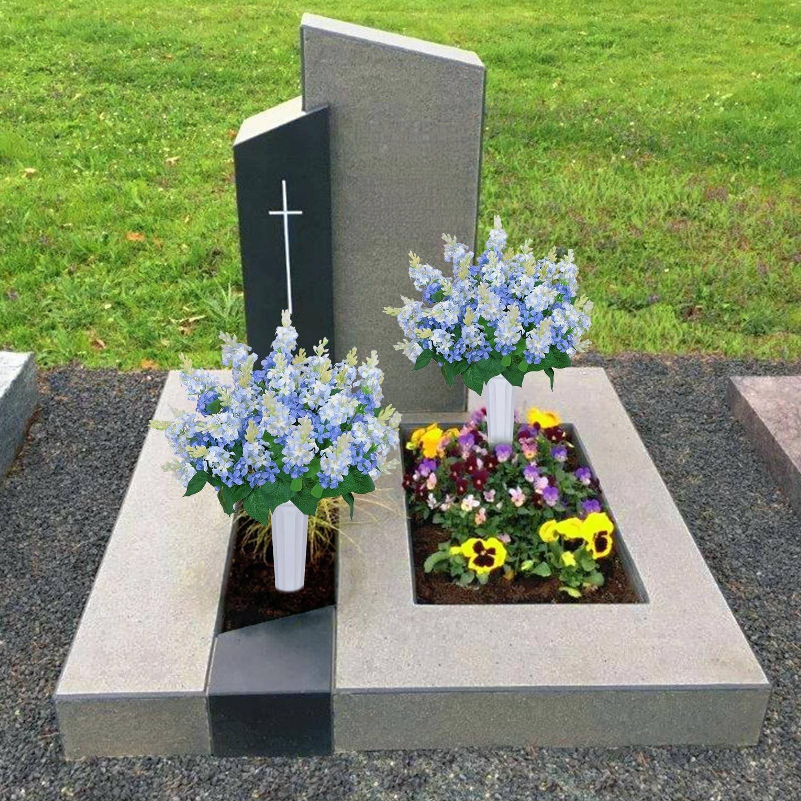 2 Sets Artificial Flowers for Cemetery with Vase 20Inch UV Resistant Grave De…