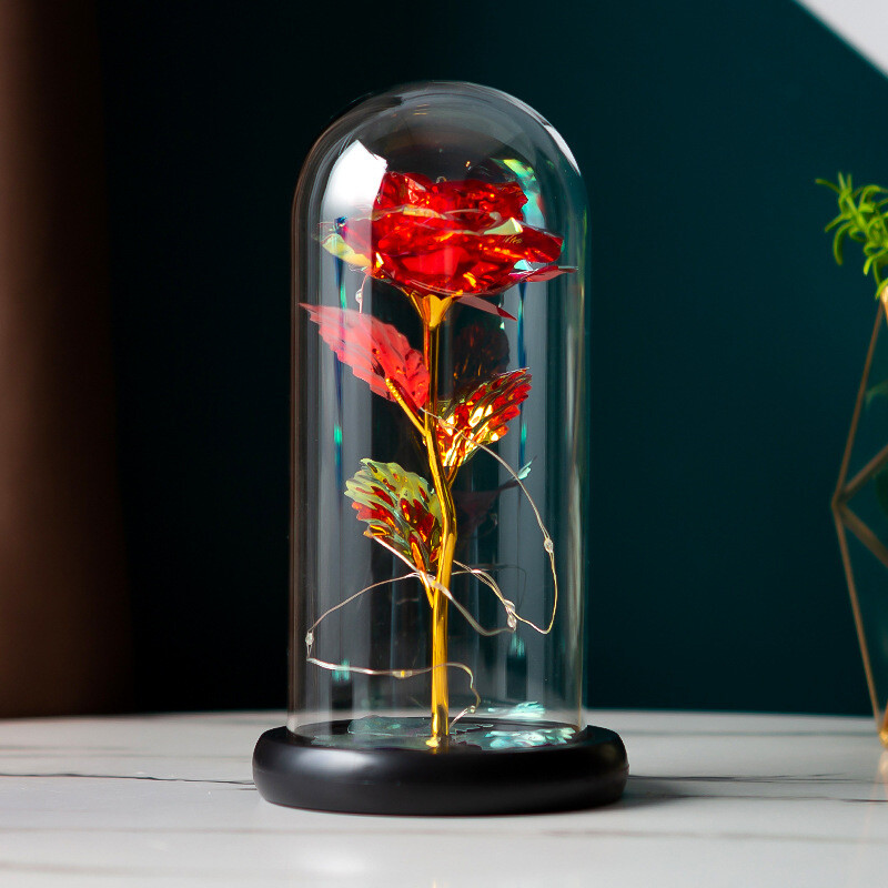 Romantic Rose Flower In Dome Glass LED Night Light Anniversaries Valentines Gift