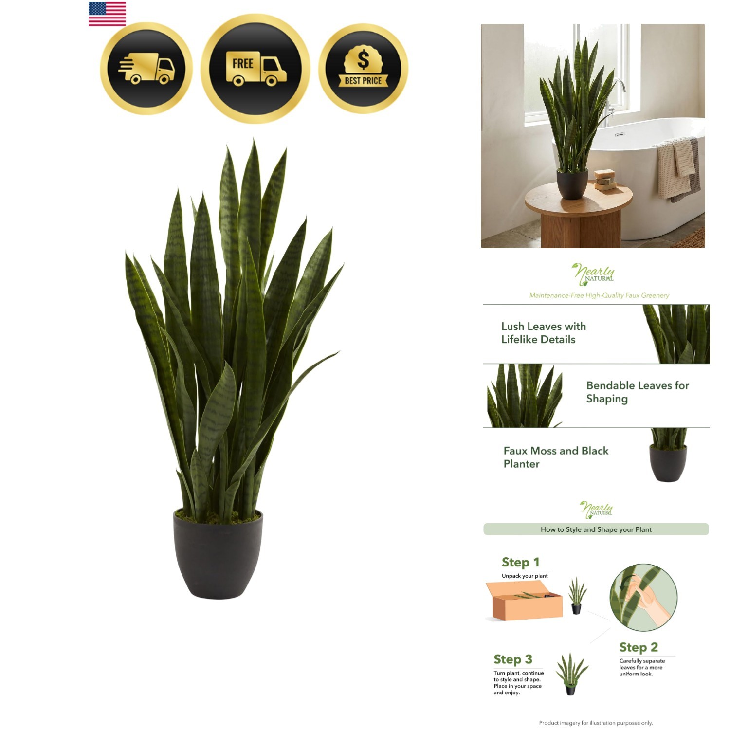 Artificial Snake Plant Faux Greenery with Black Planter for Indoor Decor