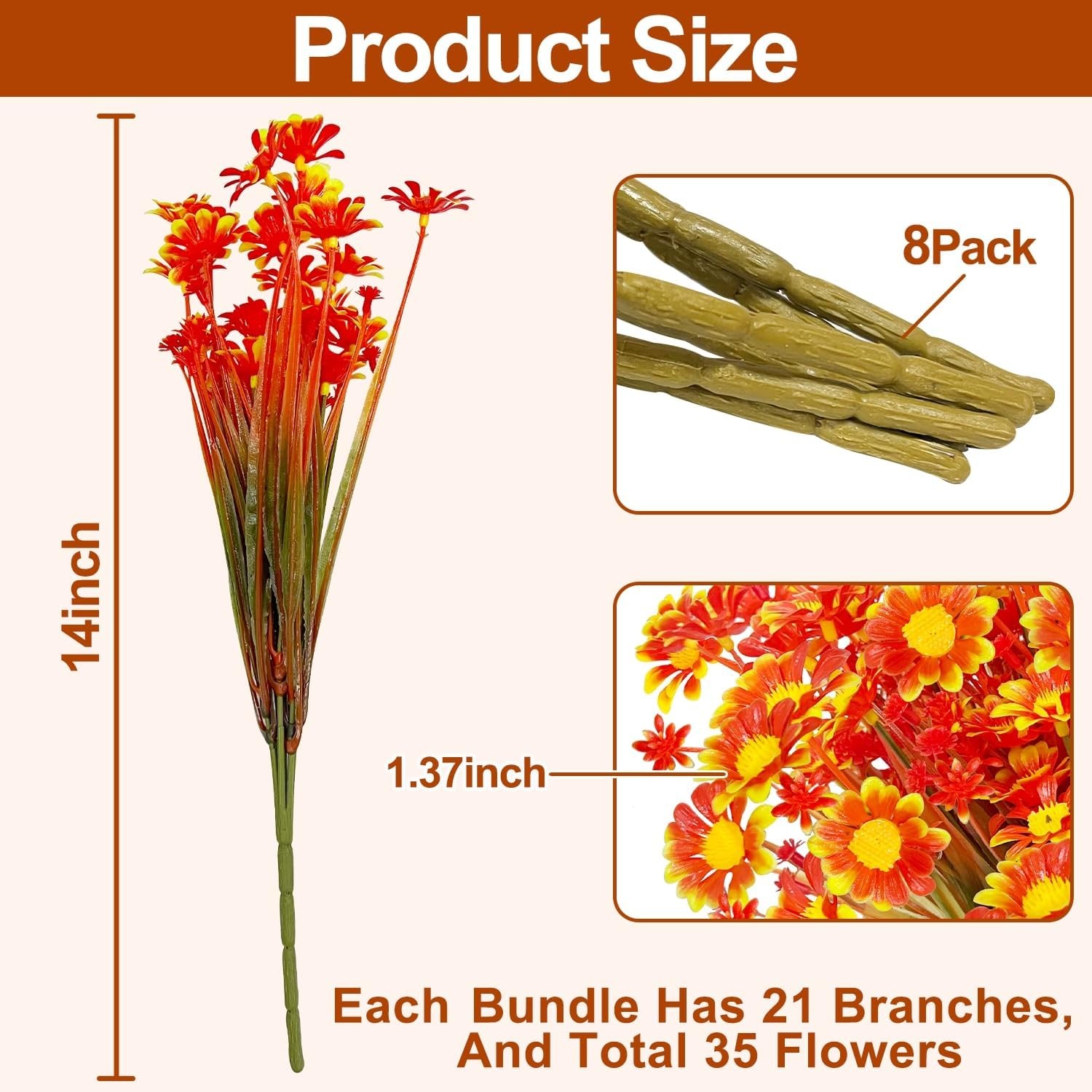 8 Bundles Artificial Mums for Outdoors Fall Flowers UV Resistant Fall Decor |