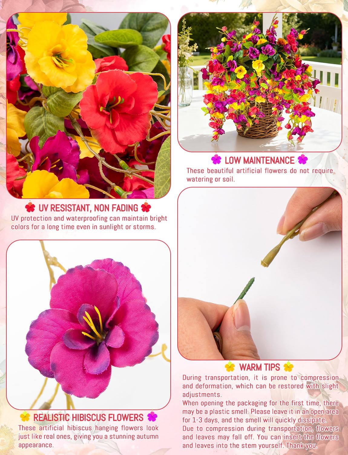 2 Pcs Fake Hibiscus Artificial Hanging Flowers, Mixed Colorful Silk Hibiscus …