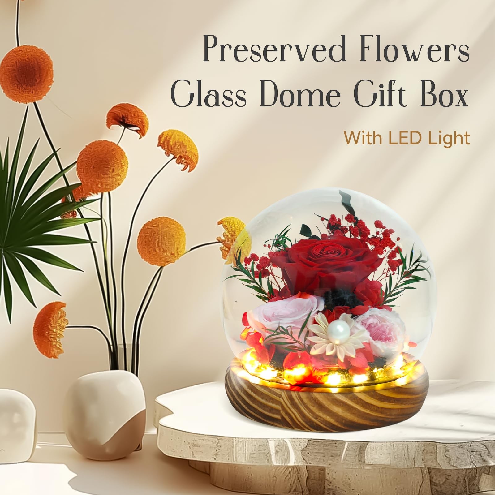 Preserved Red Roses in Glass Dome – Eternal Flowers, Forever Roses with LED L…