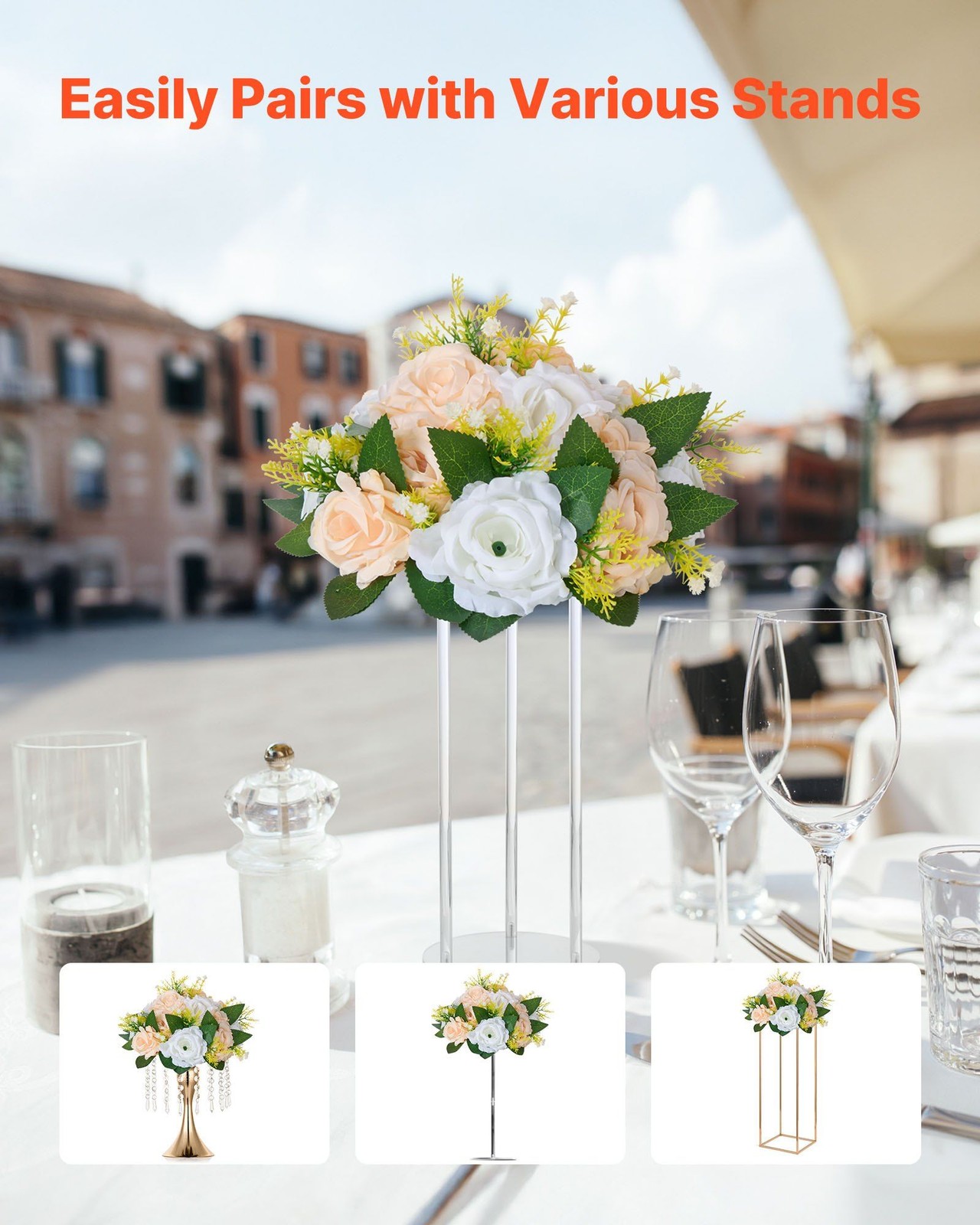 Artificial Champagne White Rose Balls 9.5in, 10 Piece Faux Floral Centerpiece