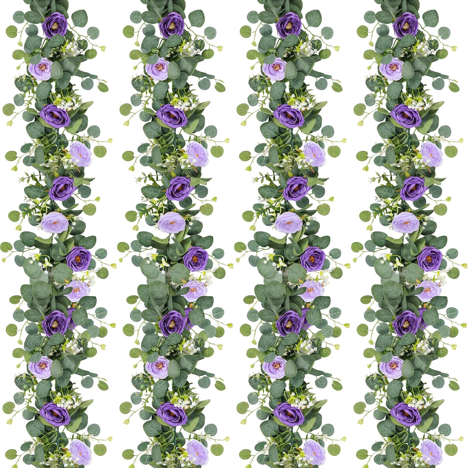 TOCHGREEN 4 Pack Artificial Eucalyptus Flower Garland with Purple Roses, Fake…