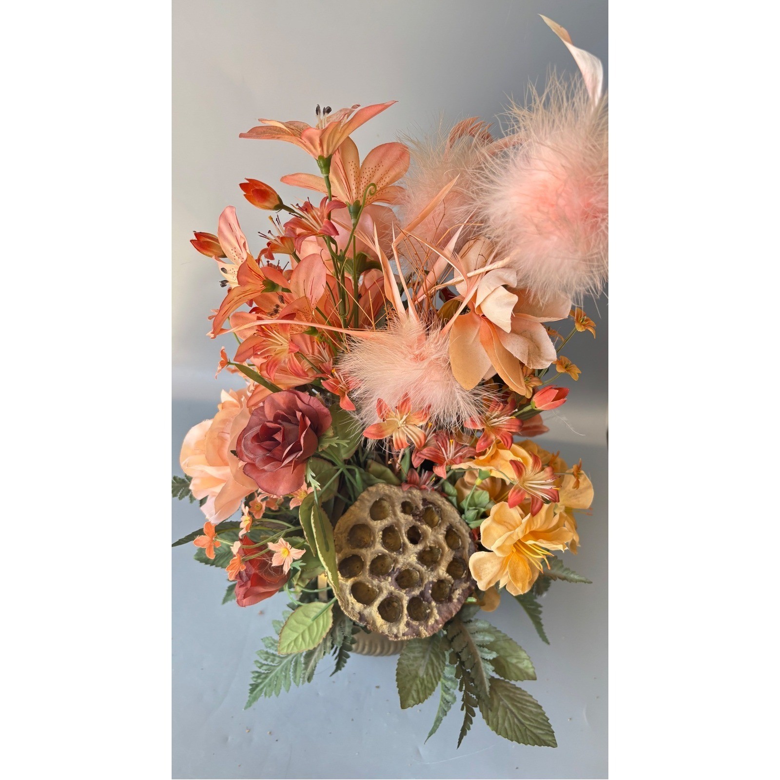 Vtg Silk Floral Arrangement Peach Feathers Roses Brass Bowl Made in India 15″