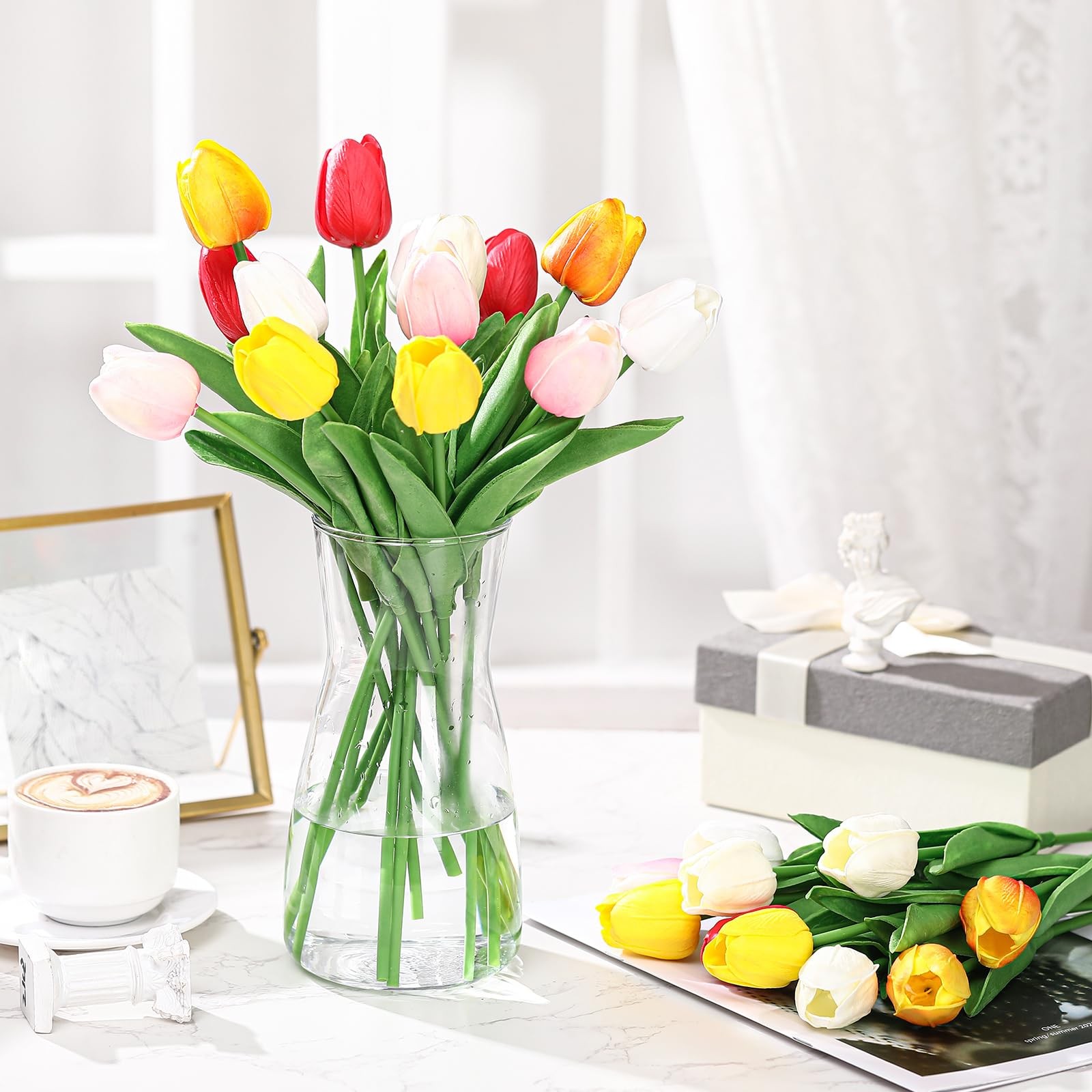 20 PCS Artificial Tulips 14 Inch Real Touch Silk Fake Flowers Vase Multicolor