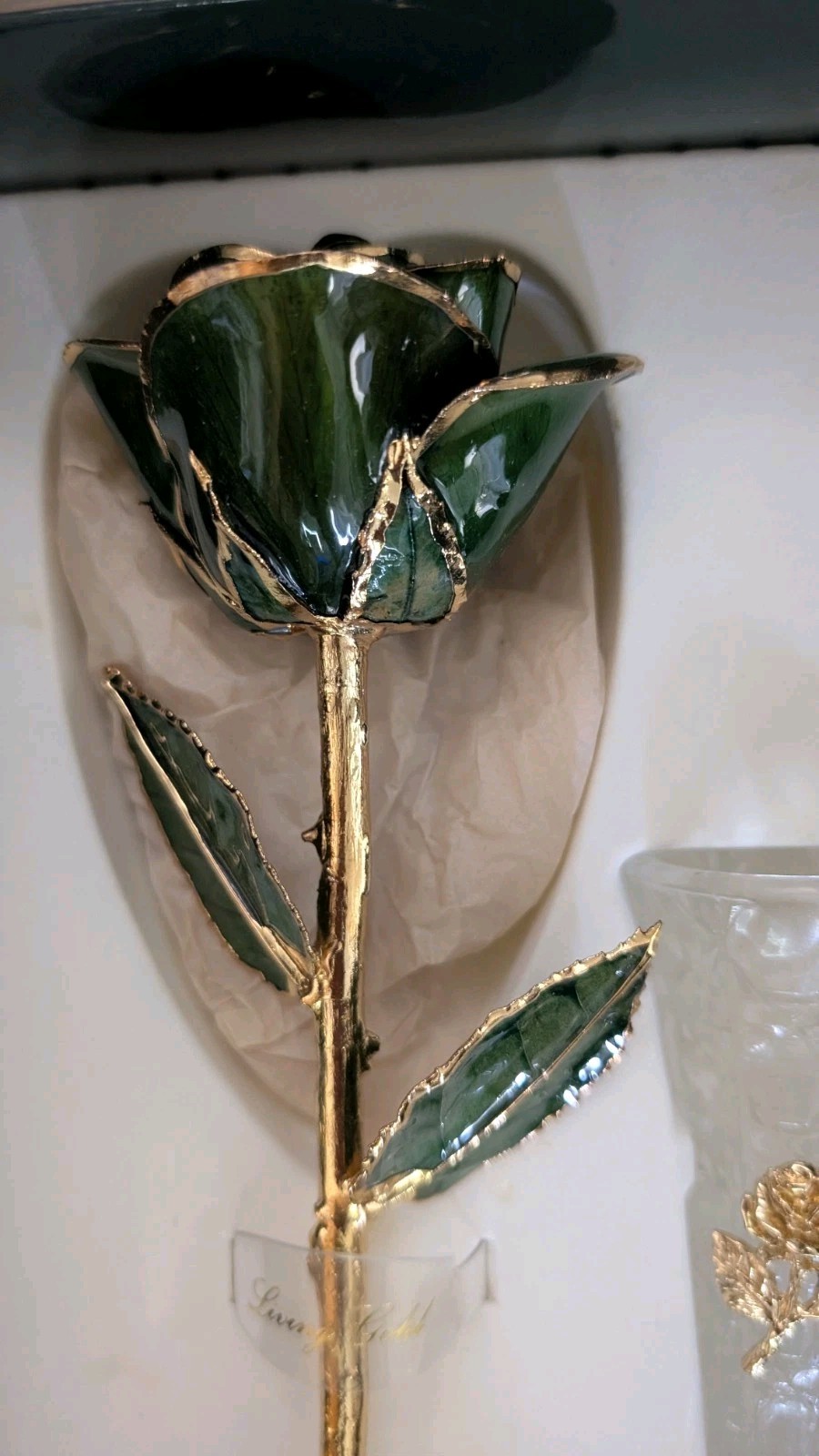 24K Gold Dipped Real Rose Emerald May Birthstone Living Gold in Box W/Vase 11″