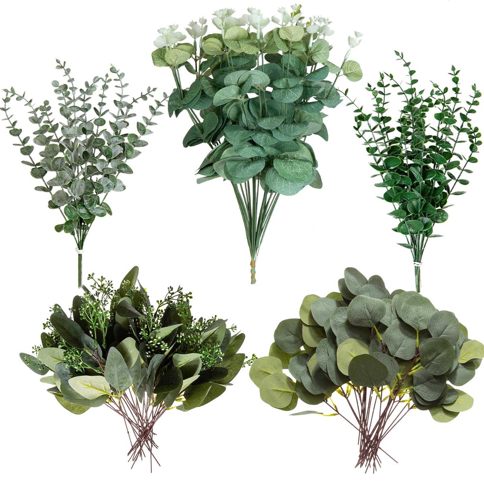 100 Pcs Mixed Artificial Eucalyptus Leaves Stems Bulk