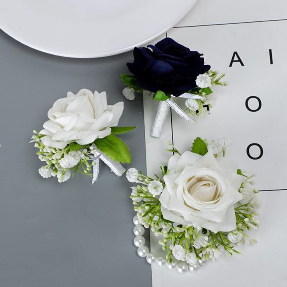 2 PCS Artificial Rose Wrist Corsage Boutonniere Set Wedding Bridal Dark Blue