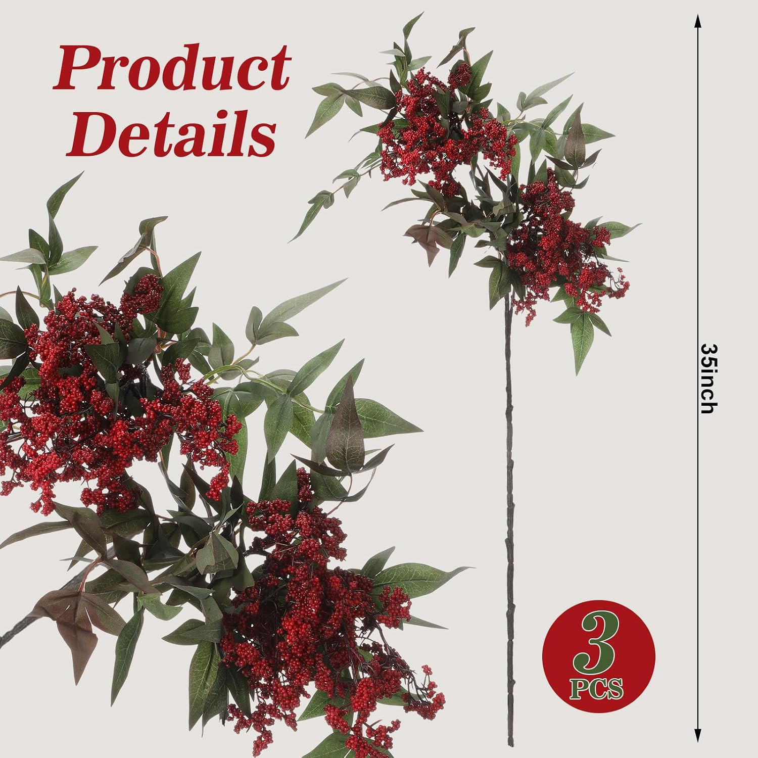 3 Pcs 35″ Red Faux Berry Stem for Fall Decor, Wedding & Home Accents