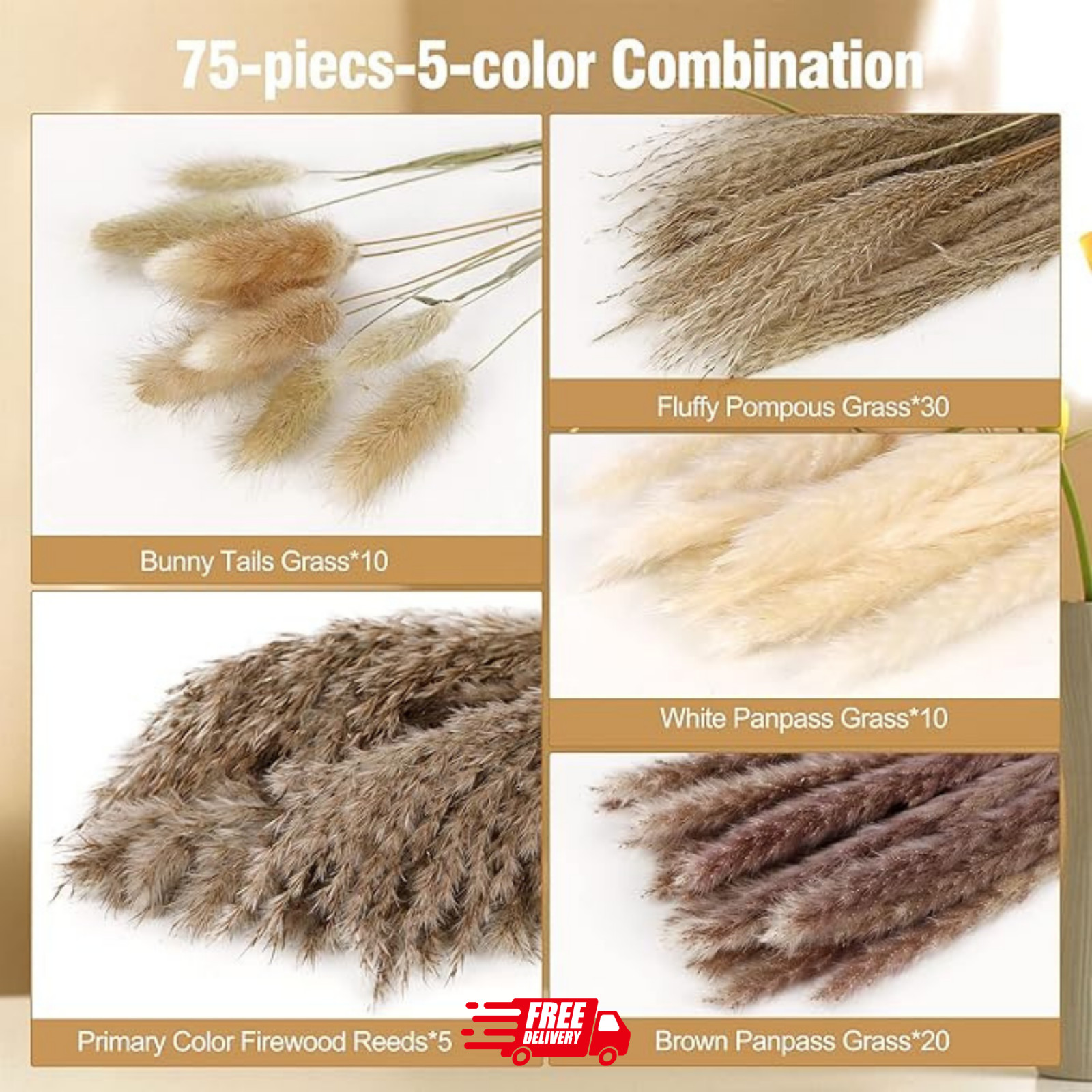 75Pcs Pampas Grass Decor-10Pcs White Pampas Grass, 20Pcs Brown Pampas Grass, 10P