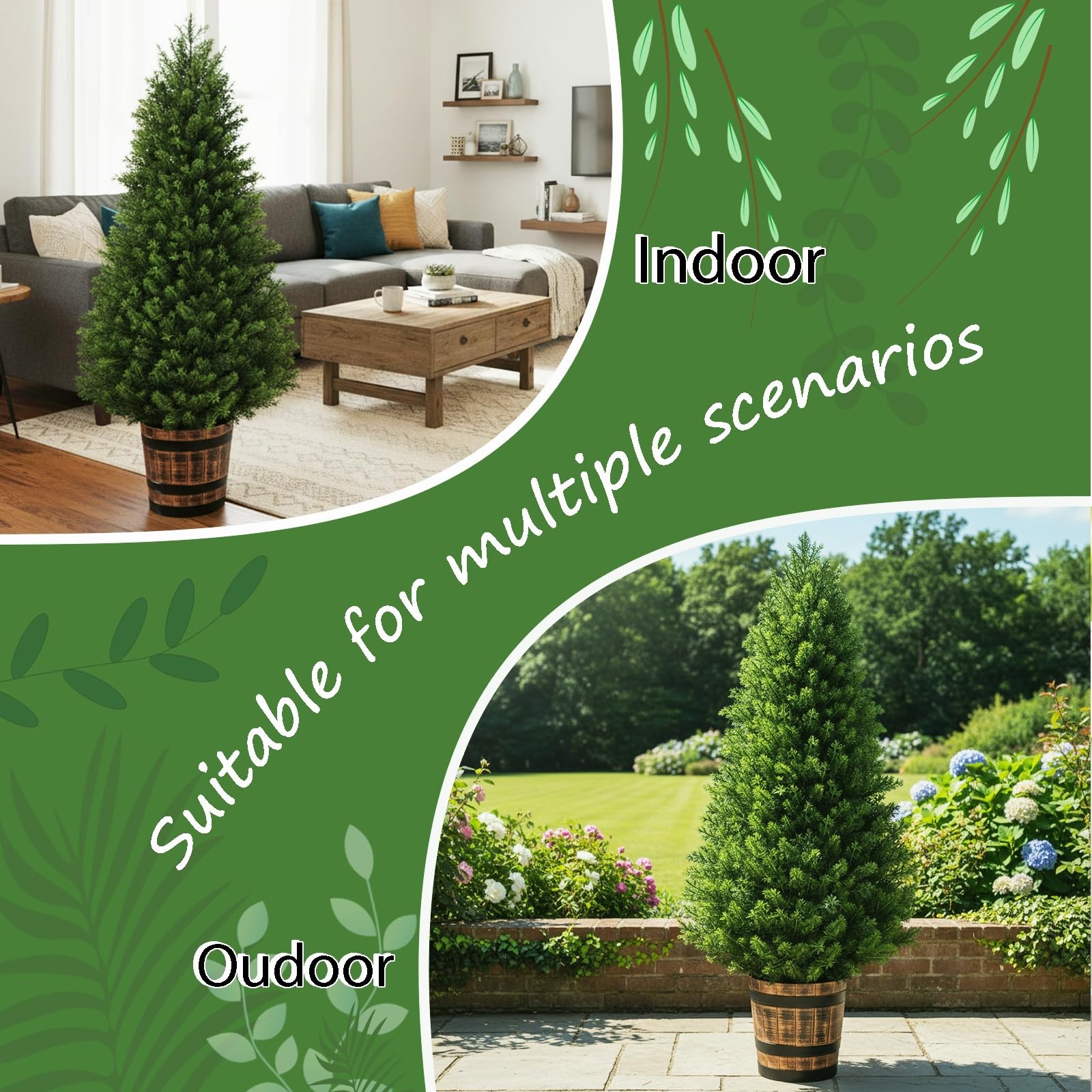Set of 2 Artificial Cedar Topiary Trees 4FT – Indoor Faux Pine Shrubs with Ba…