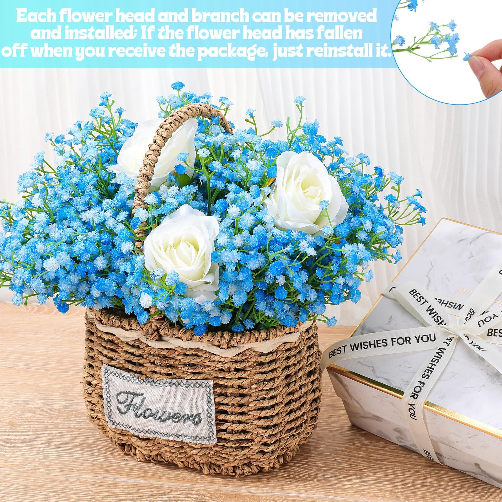 Fake Baby Breath Artificial Flowers 52CM Real Touch Gypsophila Blue 24 PCS