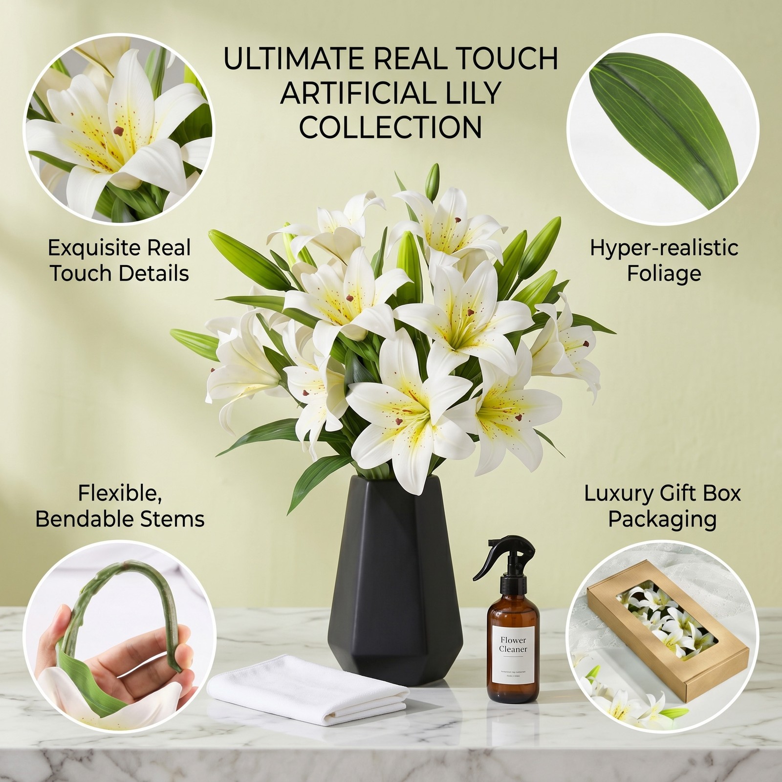 6 Bundles 18 Artificial Lily Flowers with 12 Heads Fully Bloomed Lilies & 6 Buds