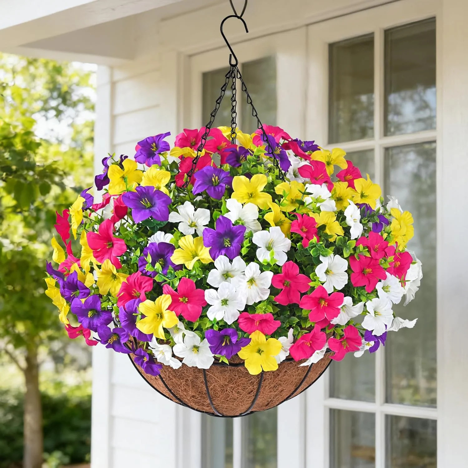 Realistic Artificial Hanging Flowers for Outdoors with Basket, 1 Set Large Size