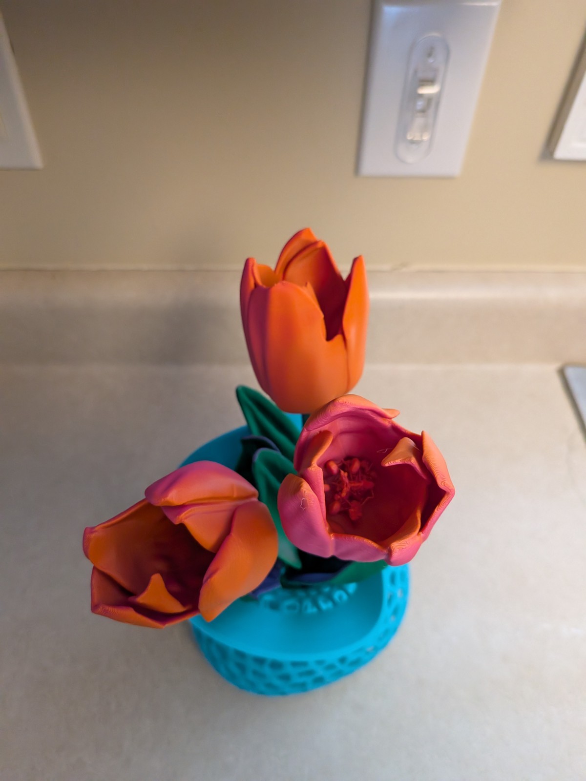 Artificial Tulip Flower Arrangement in Blue Vase, Orange Pink Green Plastic