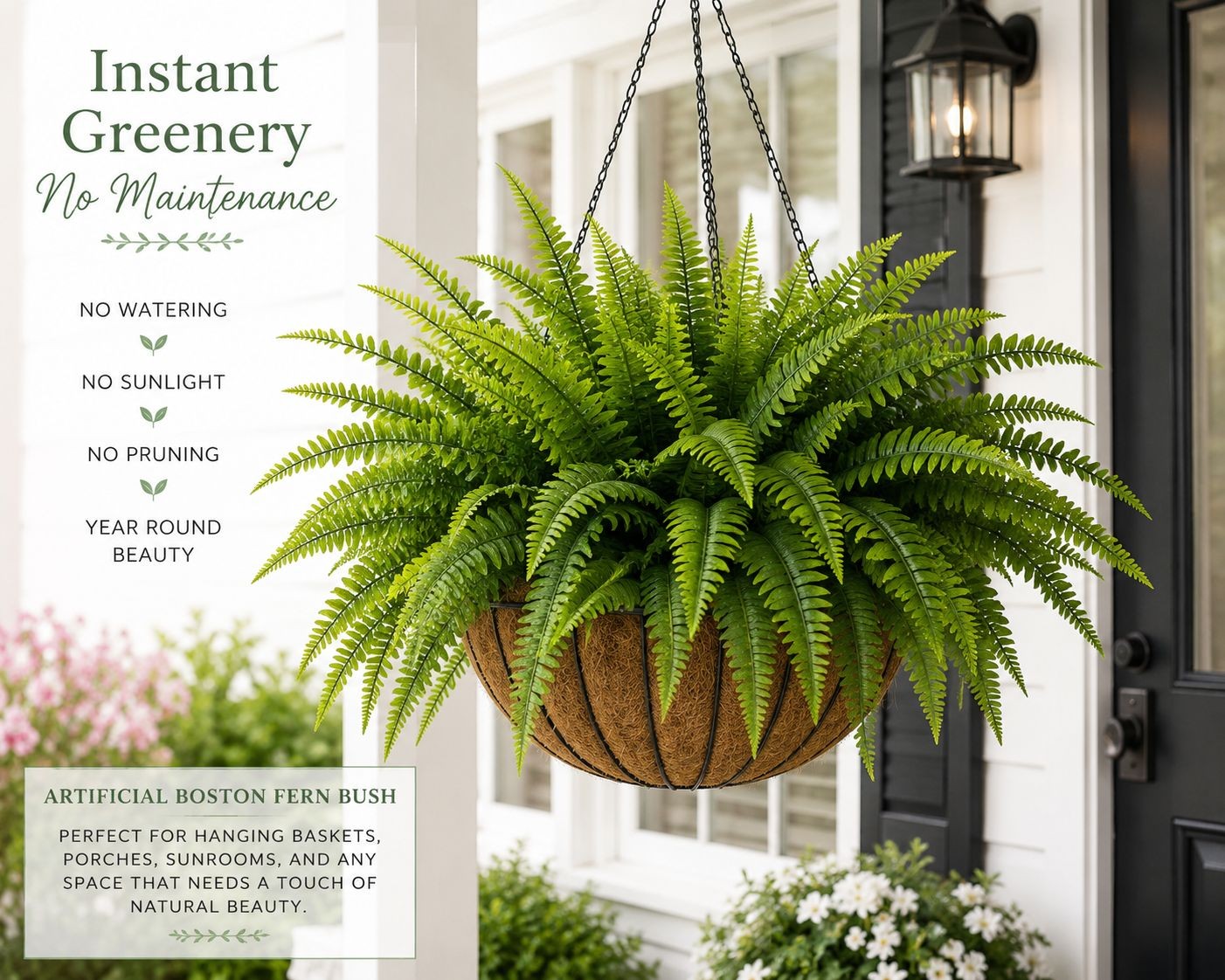 Artificial Boston Fern Bush 20 Inch Faux Fern Plant Hanging Basket Filler Plant