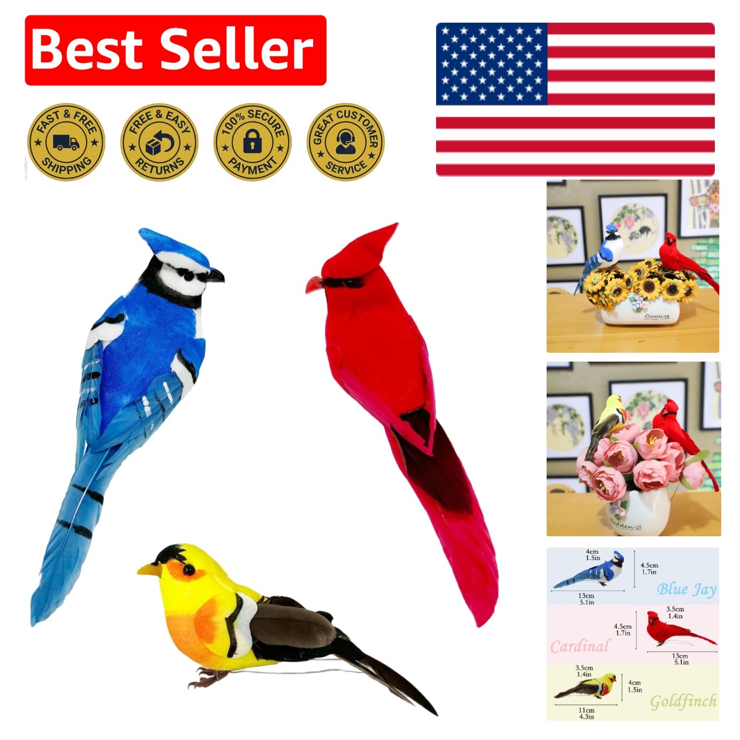 3pcs Realistic Artificial Birds – Cardinal, Blue Jay & Goldfinch for Decor