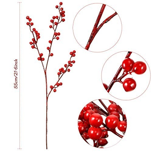 Artificial Red Berry Stems 21.6″ Christmas Decor, Holly Branches, 16 Pcs