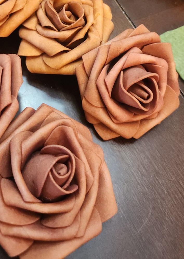 21 Foam Flower Blossom Heads Roses Terracotta Sunset & Burnt Orange Stemless