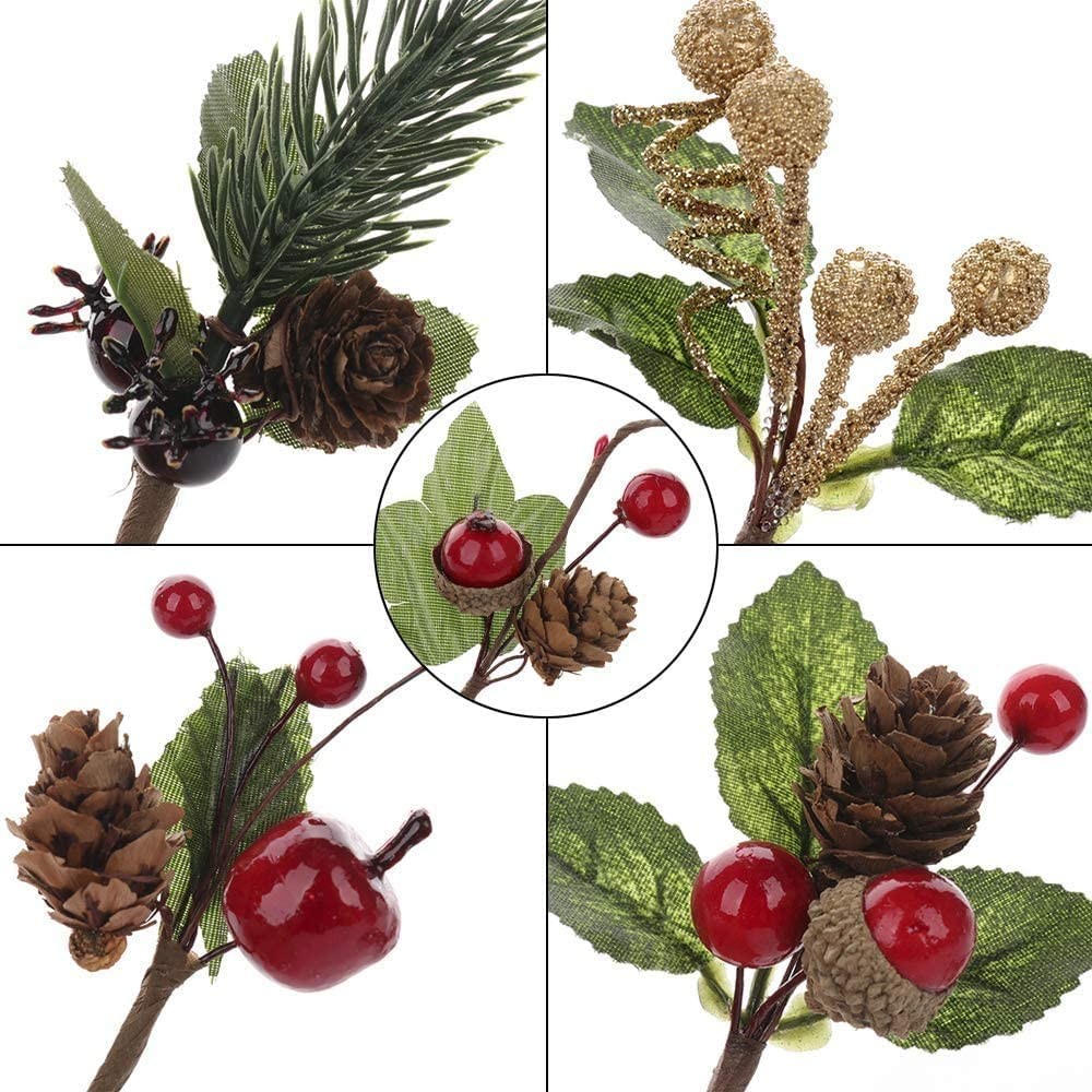 20 PCS Christmas Pine Picks With Red Berries Cones Artificial DIY Crafts Gift