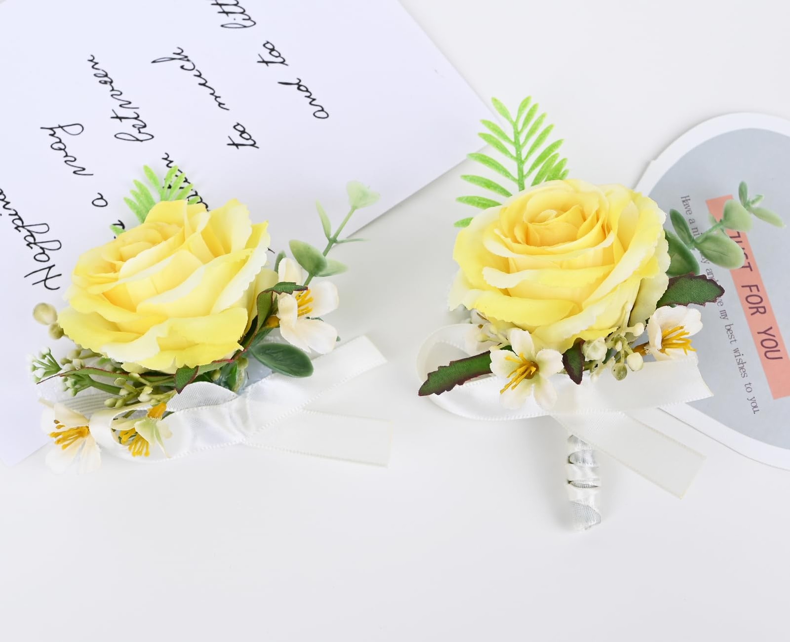 2 Pieces Artificial Flower Wrist Corsage and Boutonniere Set Yellow Wedding