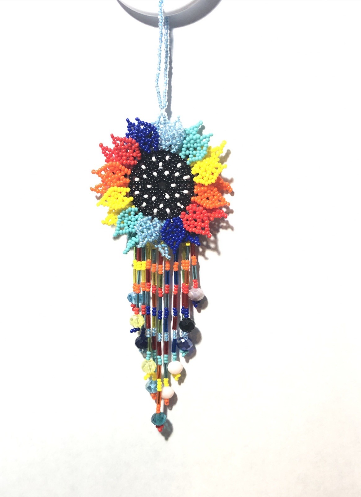 Hand Made Beaded Colorful Mexican Sunflower 5” Seed Bead Dangle Charm Ornament.