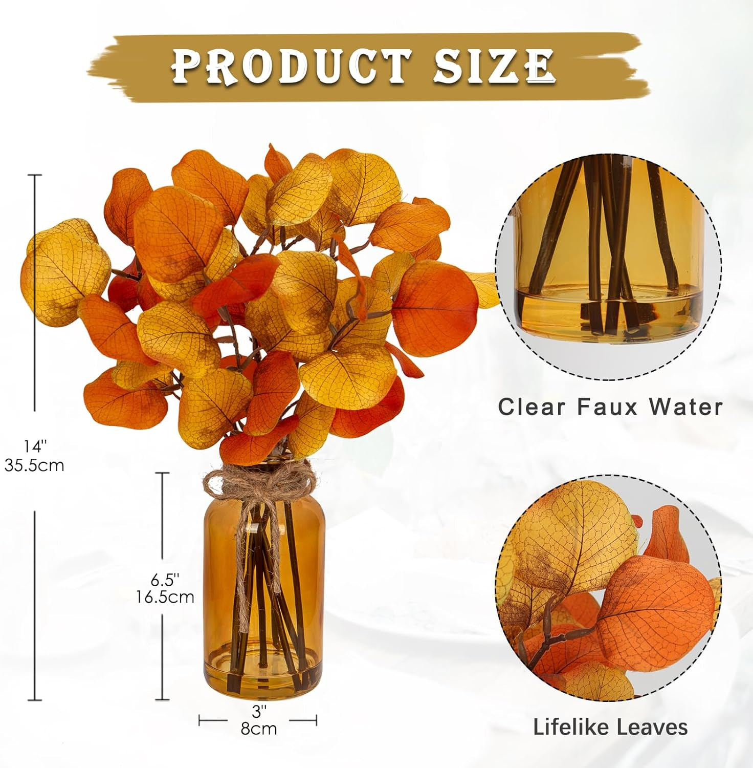 Artificial Eucalyptus Stems in Amber Glass Vase with Faux Water, 14″ Fake Fall P