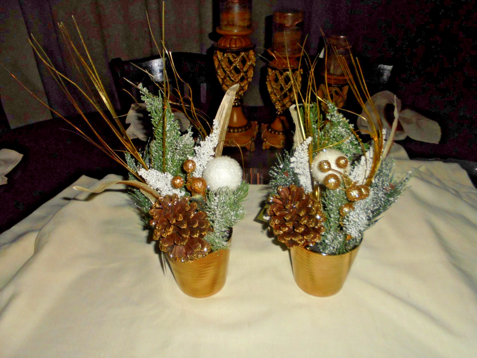 HOLIDAY FLORAL ARRANGEMENT IN BRASS POT -14 INCHES TALL – SET OF 2
