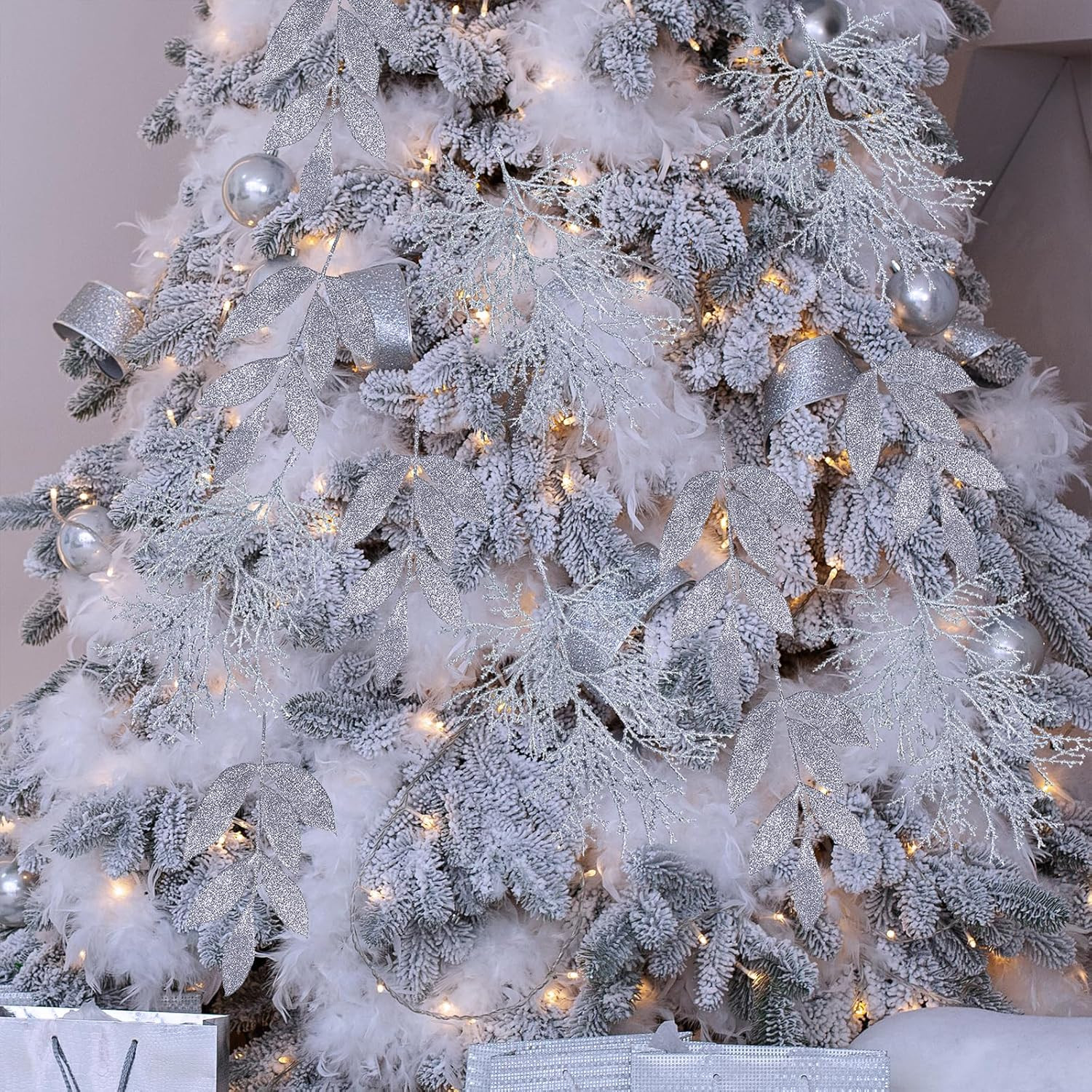 30 Pcs Christmas Artificial Leaf Sprays Cedar Picks Silver Glittered Christmas T