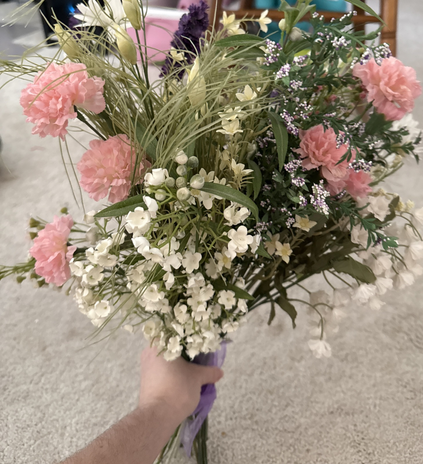 Floral Arrangement Bouquet Flowers Pink Purple White Yellow Green Rustic Wild
