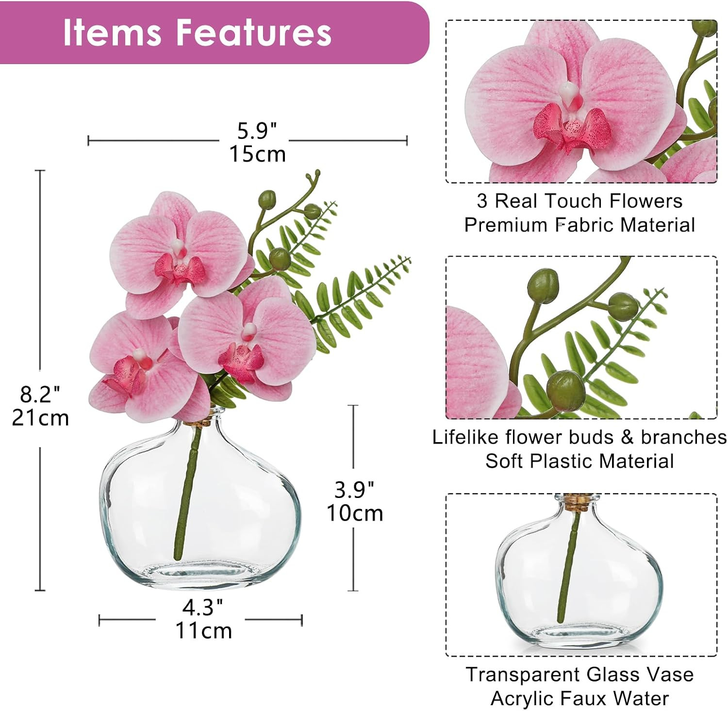 Elegant Faux Orchid in Glass Vase – Small Phalaenopsis Centerpiece